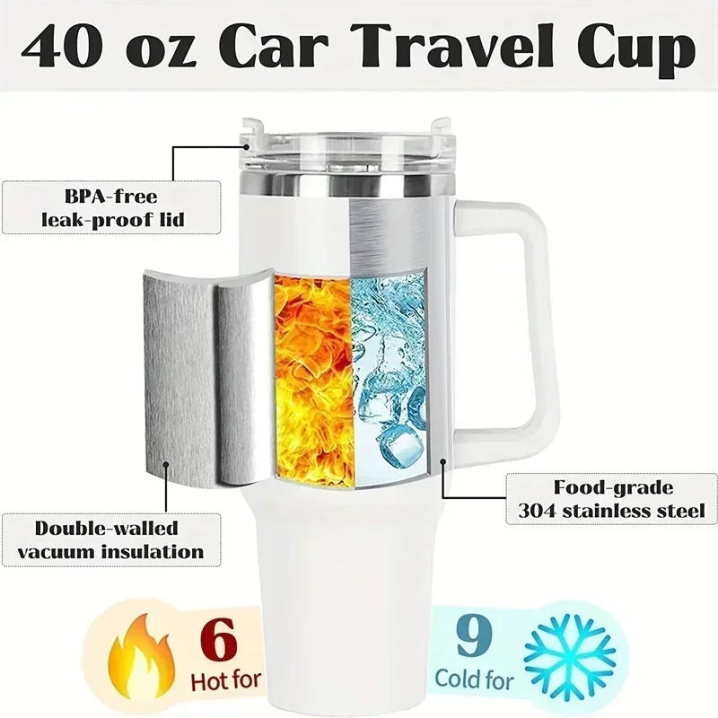 Stainless 40oz Steel Water Bottle Car Coffee Mug Personalized Tumbler with Handle Lid Straw Vacuum Thermos Cup